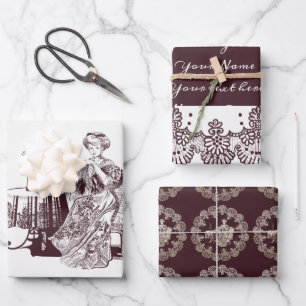 Lady Drinks Tee Wrapping Papier Flachblatt Set von