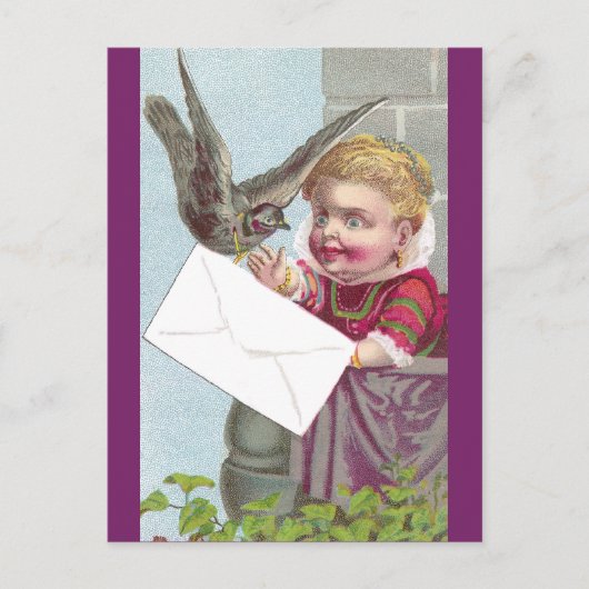 Lady erhält Post via Taube Postkarte (Vorderseite)