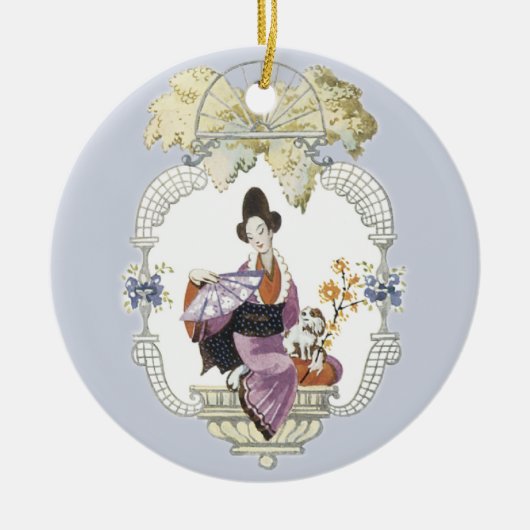 Lady Fan und Hund Keramikornament (Vorne)