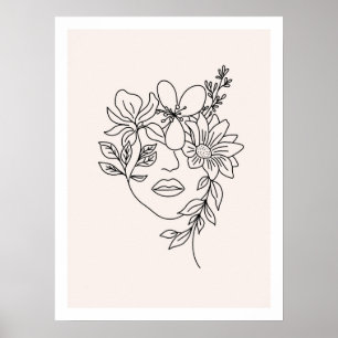Lady Gesichtsausdruck mit Blume Line Art Print Poster