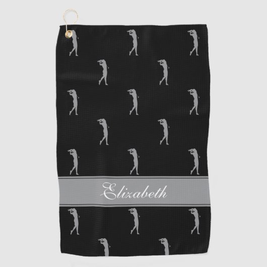 Lady Golfer Cutomized Name Pattern Schwarz Grau Golfhandtuch (Vorderseite)