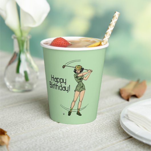 Lady Golfer Green jederzeit Text Pappbecher (In Situ)