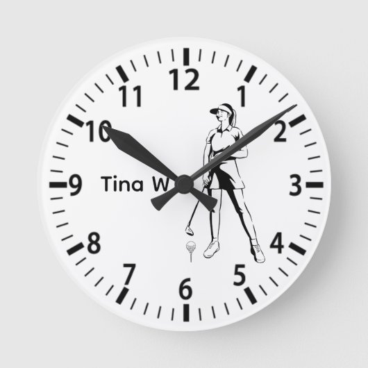 Lady Golfer Personalisierter Name Runde Wanduhr (Vorderseite)