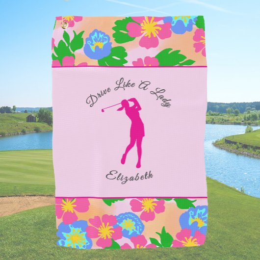 Lady Golfer Pink Floral Preppy Individuelle Name L Golfhandtuch