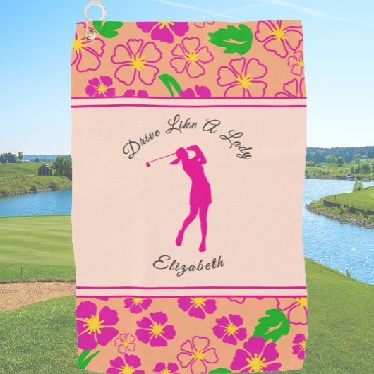 Lady Golfer Pink Orange Preppy Individuelle Name L Golfhandtuch