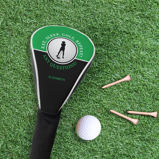 Lady Golfer Silhouette Golf Ball Zitat Black Green Golf Headcover
