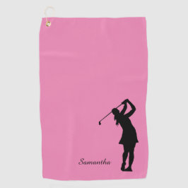 Lady Golfer Silhouette Schwarz Rosa Monogramm Golfhandtuch