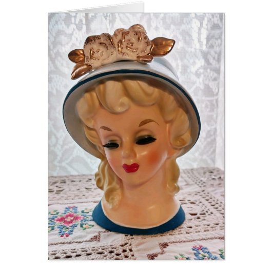 Lady Head Vase Blonde Teen Blue Hat Blume Card (Vorne)