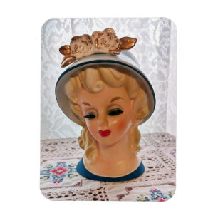 Lady Head Vase Blonde Teen Blue Hat Blume Magnet
