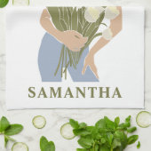 Lady Holding Bouquet Blume Grüne Abstrakte Kunst Geschirrtuch (Gefaltet)