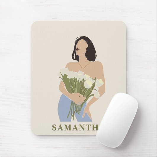 Lady Holding Bouquet Blume Grüne Abstrakte Kunst Mousepad (Mit Mouse)