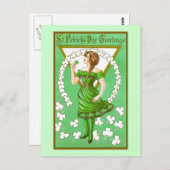 Lady Holding Kleeblatt Vintag St Patricks Day Postkarte (Vorne/Hinten)