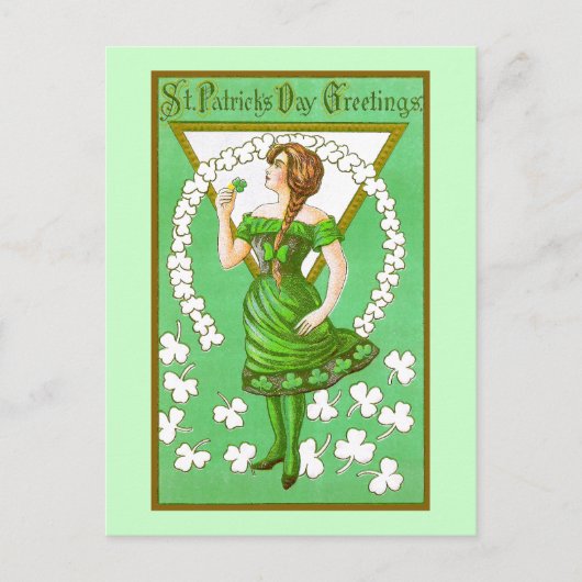 Lady Holding Kleeblatt Vintag St Patricks Day Postkarte (Vorderseite)