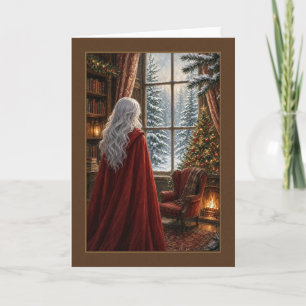 Lady im roten Mantel am Winterfenster Weihnachtska Karte