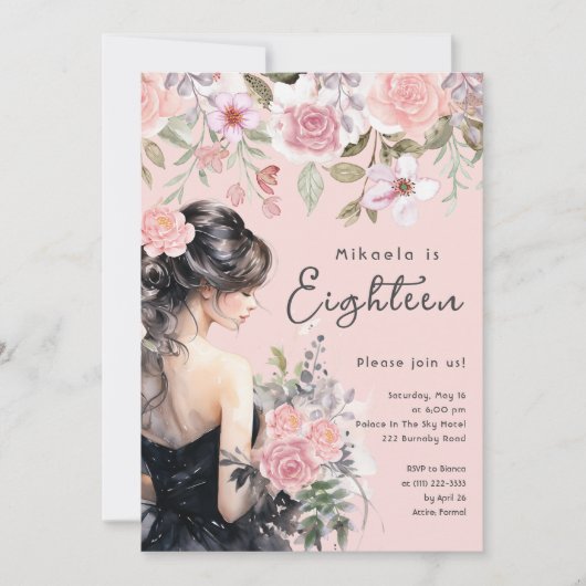 Lady in Black Gown Pink 18. Geburtstag Einladung (Vorderseite)