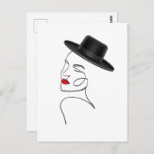 Lady in Black Hat mit Red Lips Line Art Postkarte (Vorne/Hinten)
