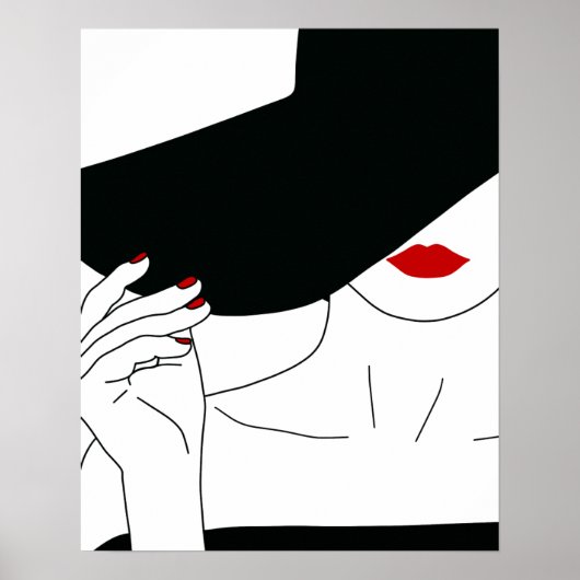 Lady in Black Hat mit Red Lipstick Line Art Poster (Vorne)