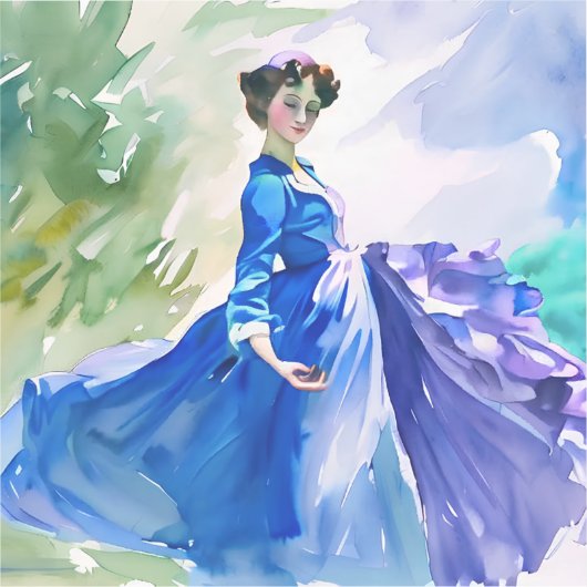 Lady in Blue Dress - Aquarellmalerei Aufkleber (Vorderseite)