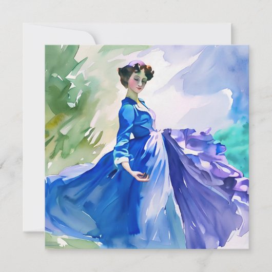 Lady in Blue Dress - Aquarellmalerei Einladung (Vorderseite)