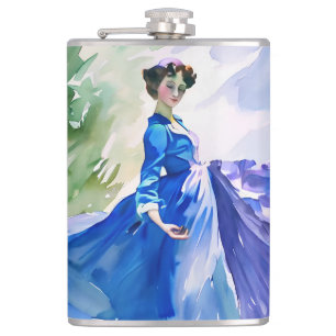 Lady in Blue Dress - Aquarellmalerei Flachmann