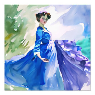 Lady in Blue Dress - Aquarellmalerei Fotodruck