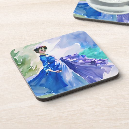 Lady in Blue Dress - Aquarellmalerei Getränkeuntersetzer (Linke Seite)