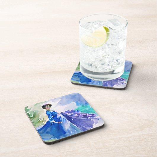 Lady in Blue Dress - Aquarellmalerei Getränkeuntersetzer (Rechte Seite)