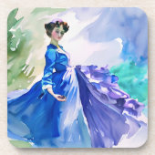 Lady in Blue Dress - Aquarellmalerei Getränkeuntersetzer (Vorderseite)