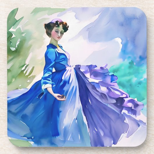Lady in Blue Dress - Aquarellmalerei Getränkeuntersetzer (Vorderseite)