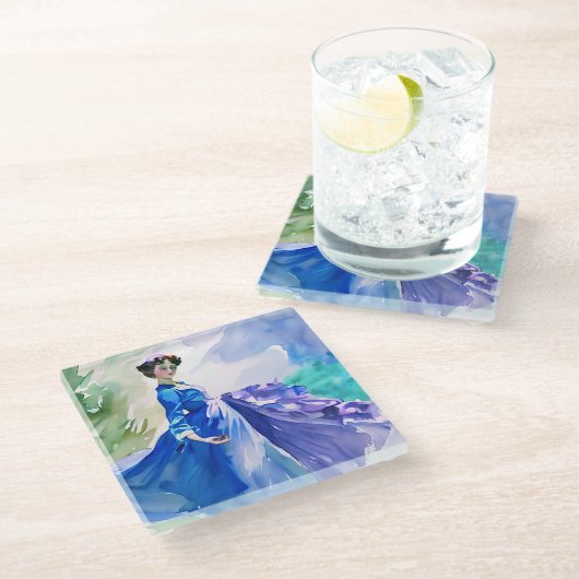 Lady in Blue Dress - Aquarellmalerei Glasuntersetzer (Schrägansicht)