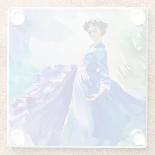 Lady in Blue Dress - Aquarellmalerei Glasuntersetzer (Rückseite)