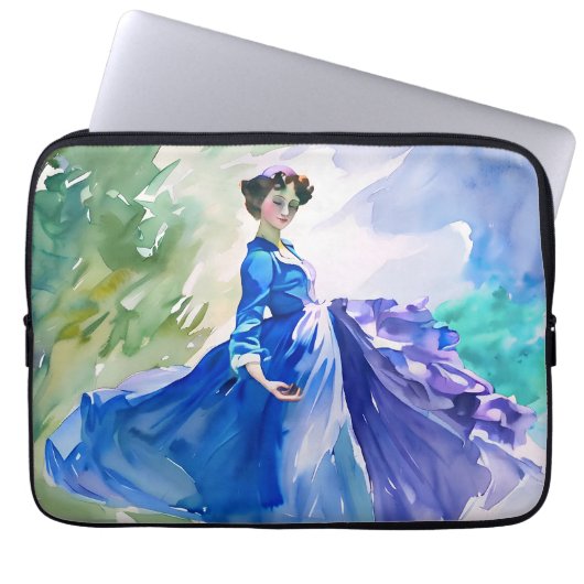 Lady in Blue Dress - Aquarellmalerei Laptopschutzhülle (Vorderseite)