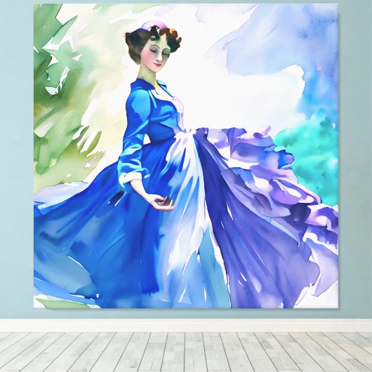 Lady in Blue Dress - Aquarellmalerei Leinwanddruck (Insitu (Holzboden))