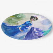 Lady in Blue Dress - Aquarellmalerei Pappteller (Schrägansicht)