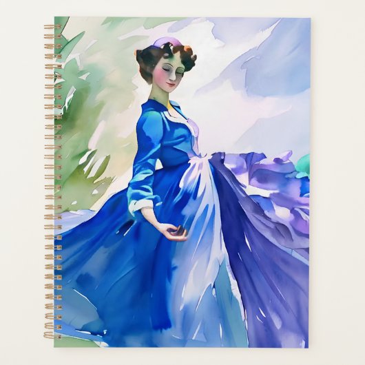 Lady in Blue Dress - Aquarellmalerei Planer (Vorderseite)