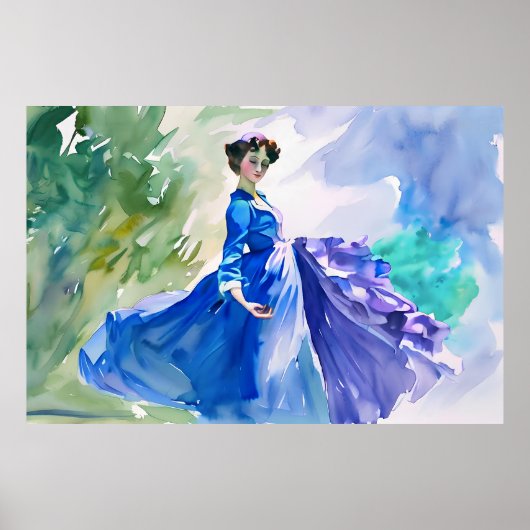 Lady in Blue Dress - Aquarellmalerei Poster (Vorne)