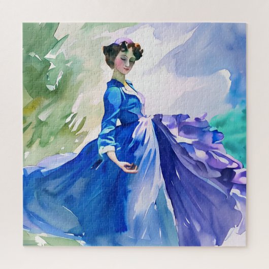 Lady in Blue Dress - Aquarellmalerei Puzzle (Vertikal)