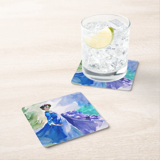 Lady in Blue Dress - Aquarellmalerei Rechteckiger Pappuntersetzer (Vor Ort)