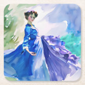 Lady in Blue Dress - Aquarellmalerei Rechteckiger Pappuntersetzer (Vorderseite)