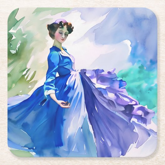 Lady in Blue Dress - Aquarellmalerei Rechteckiger Pappuntersetzer (Vorderseite)