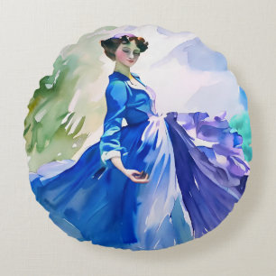 Lady in Blue Dress - Aquarellmalerei Rundes Kissen