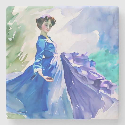 Lady in Blue Dress - Aquarellmalerei Steinuntersetzer (Vorderseite)