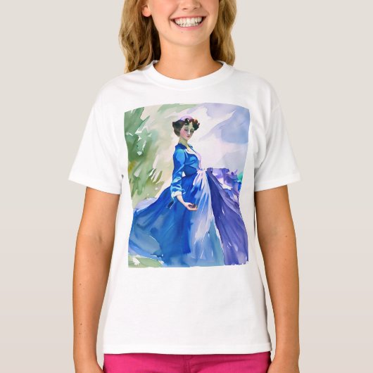 Lady in Blue Dress - Aquarellmalerei T-Shirt (Vorderseite)