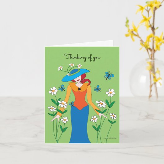 Lady in Blue Hat Note Card Karte (Gelbe Blume)
