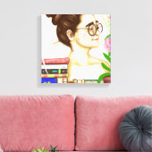 Lady in Brille, Bücher und Blume Leinwanddruck (Insitu (Wohnzimmer))
