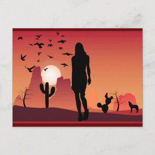 Lady in der Wüstenlandschaft Tiere Silhouette Postkarte