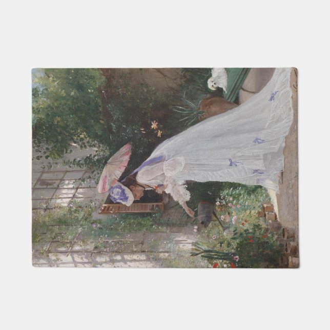 Lady in einem Garten Kümmerte für ihre Blume mit L Fußmatte (Vorderseite)