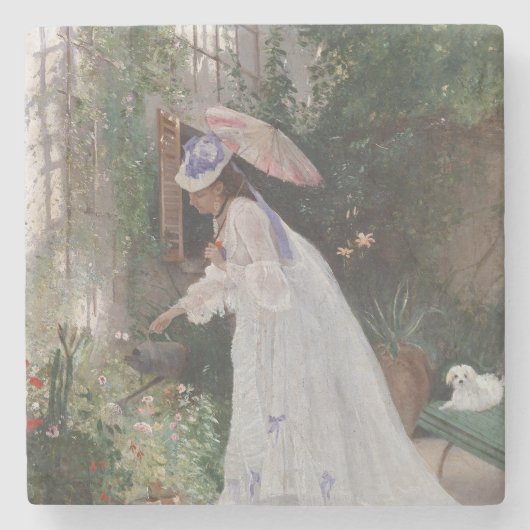Lady in einem Garten Kümmerte für ihre Blume mit L Steinuntersetzer (Vorderseite)