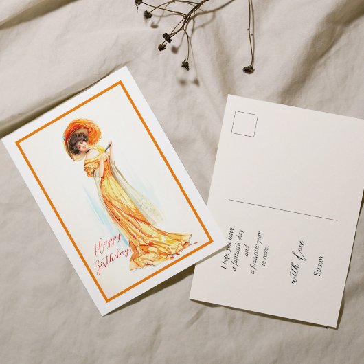 Lady in einem gelben Kleid, Happy Birthday Postkarte