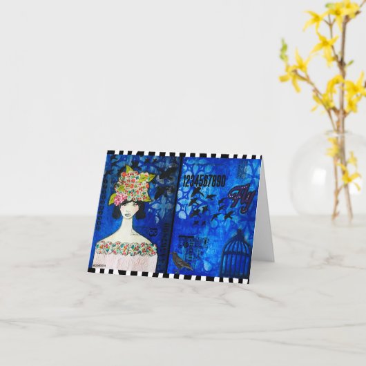 Lady in einem Hut mit Crows Mixed Media Grußkarte Karte (Gelbe Blume)